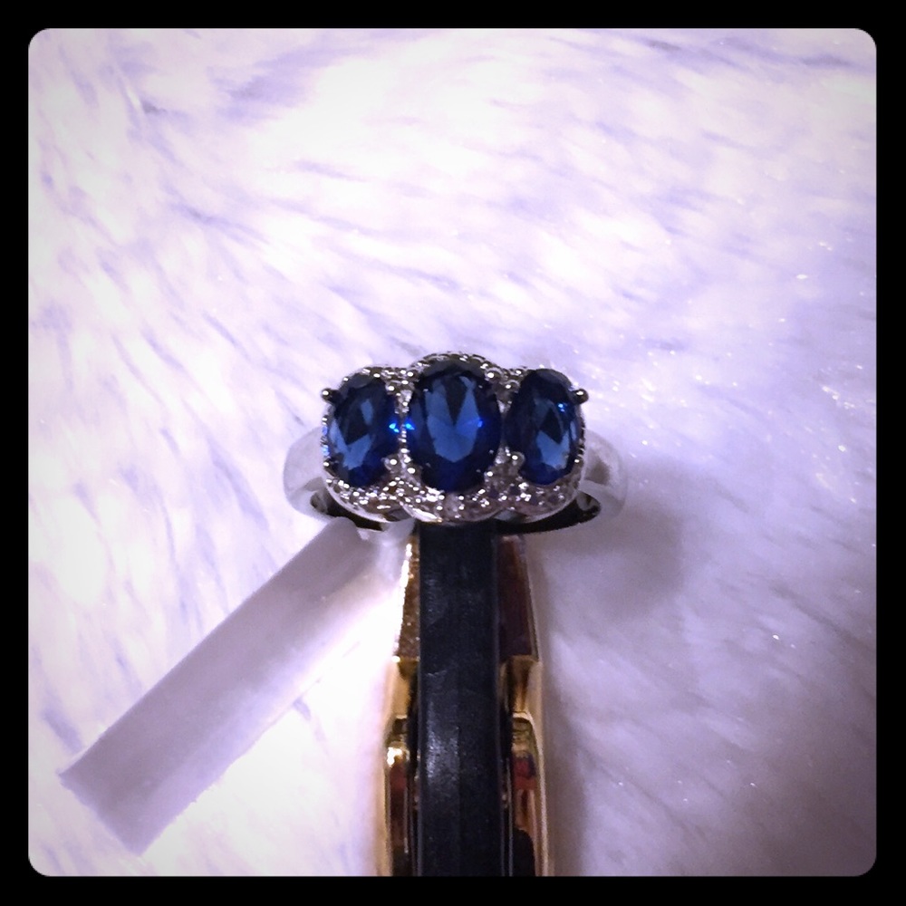 💎Lab Created Blue Sapphire, Diamond Accent Ring - Picture 2 of 8